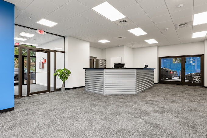 Reception desk inside the auto repair shop.
